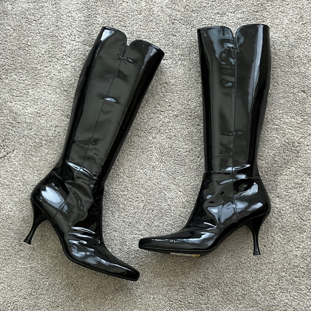 Stuart Weitzman Black Patent Leather Knee-High Stiletto Boots - Picture 4 of 16